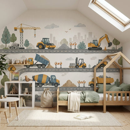 Construction Vehicles Wallpaper Roadwork Winding Road Wall Mural