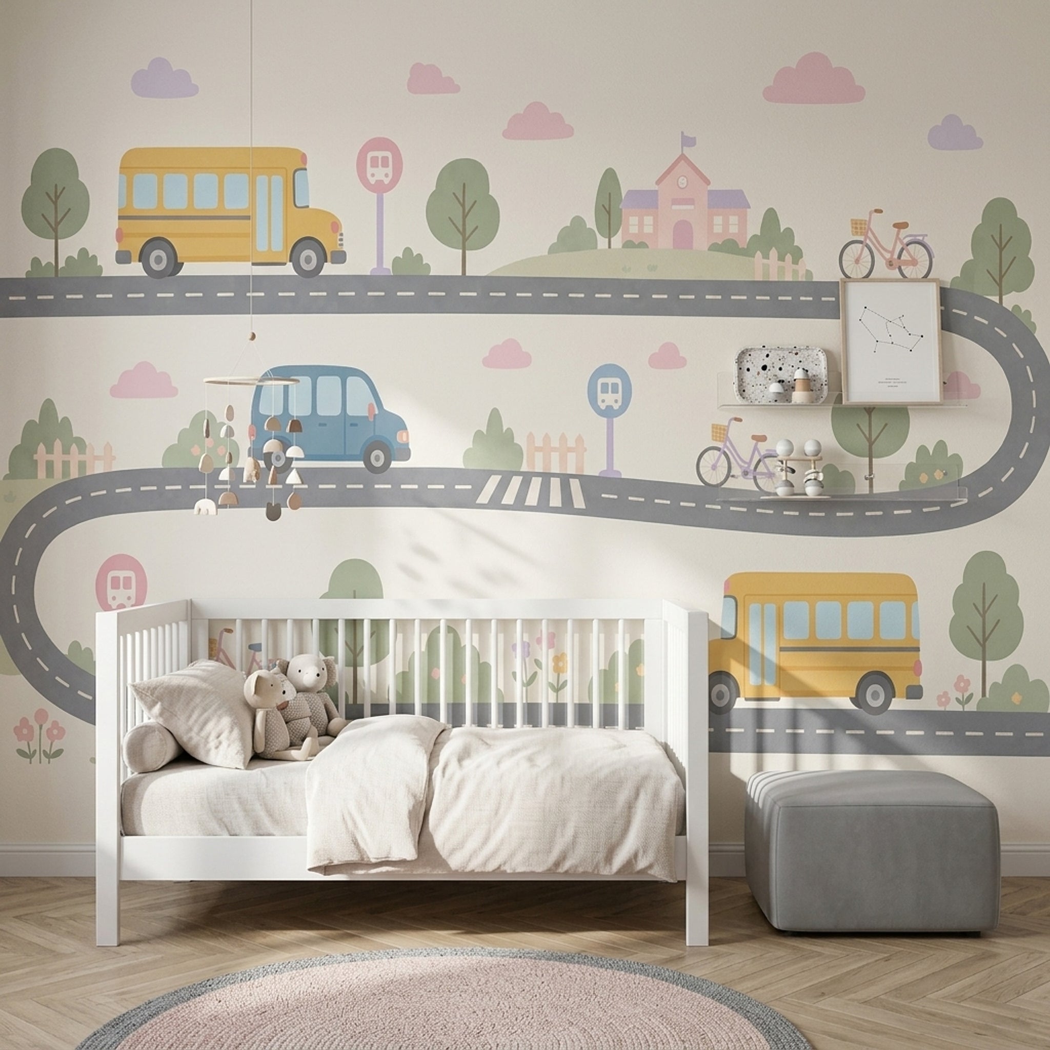 Kids Transportation Wallpaper School Bus Removable Winding Road Wall Decor