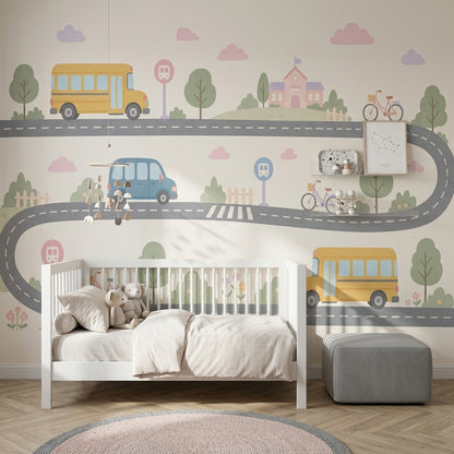 Kids Transportation Wallpaper School Bus Removable Winding Road Wall Decor