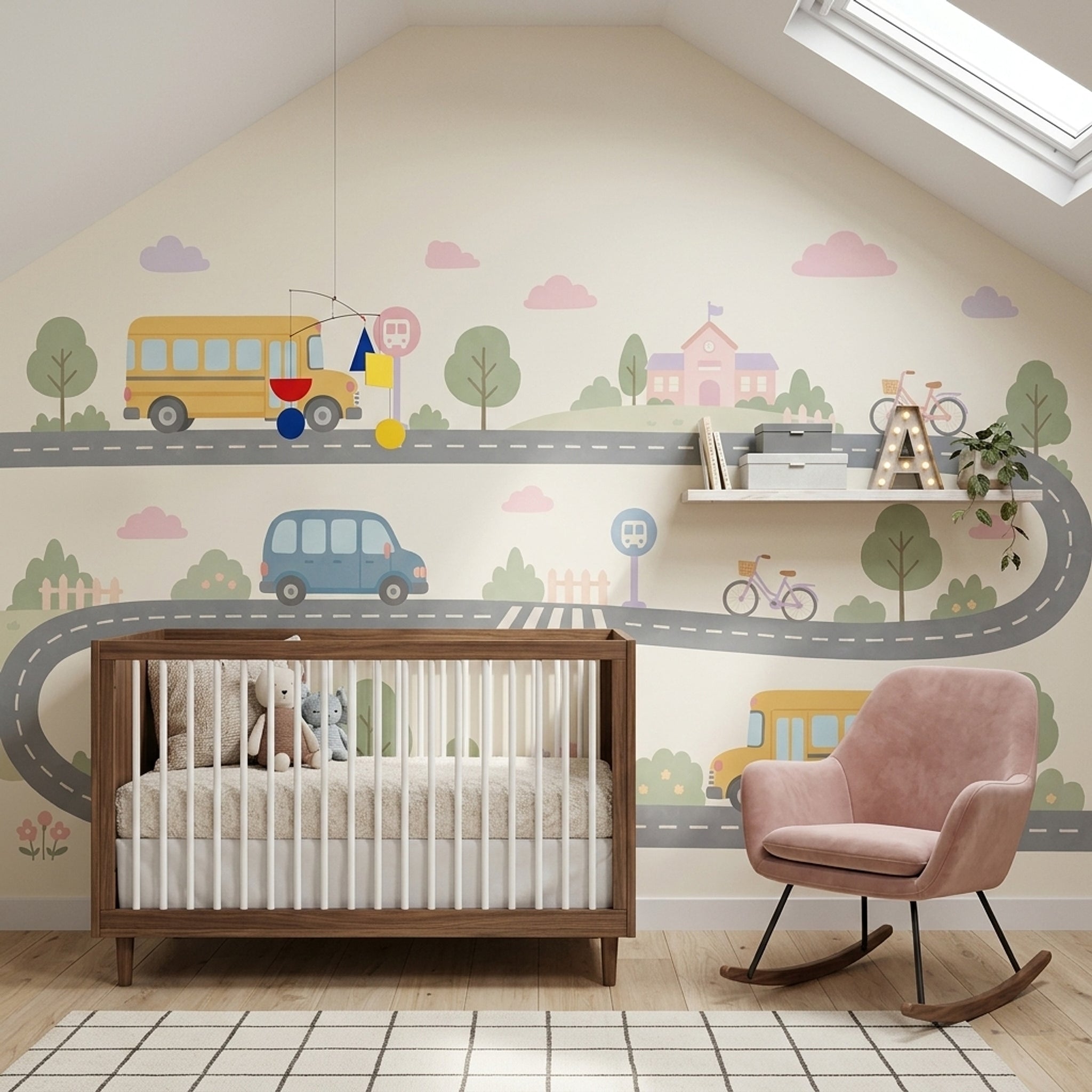 Kids Transportation Wallpaper School Bus Removable Winding Road Wall Decor