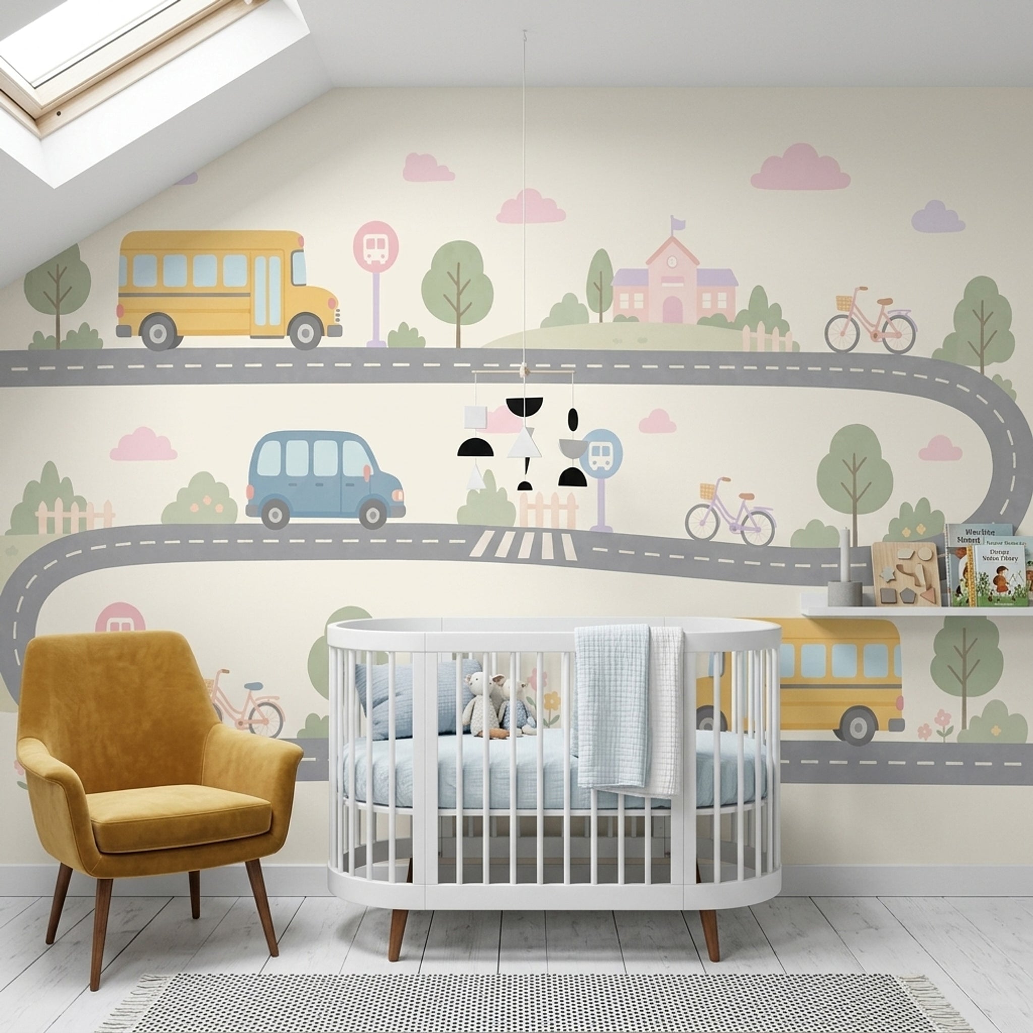 Kids Transportation Wallpaper School Bus Removable Winding Road Wall Decor