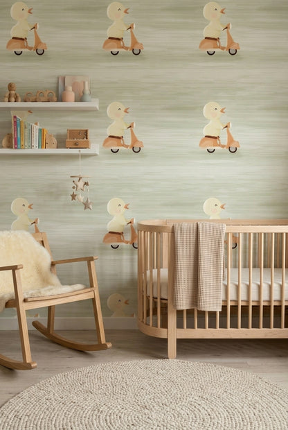 Cute Duck Wallpaper Scooter Removable Kids Illustration Wall Double Roll