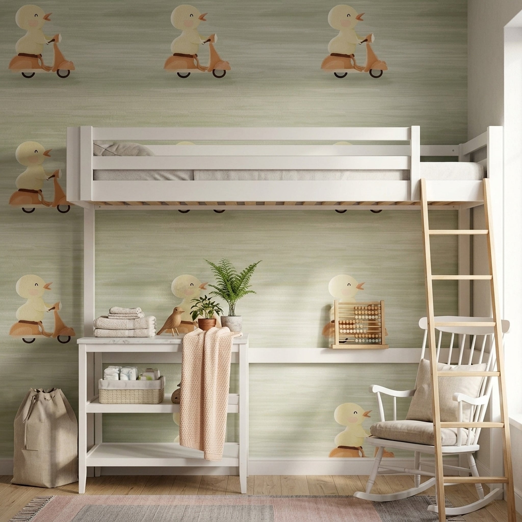Cute Duck Wallpaper Scooter Removable Kids Illustration Wall Double Roll