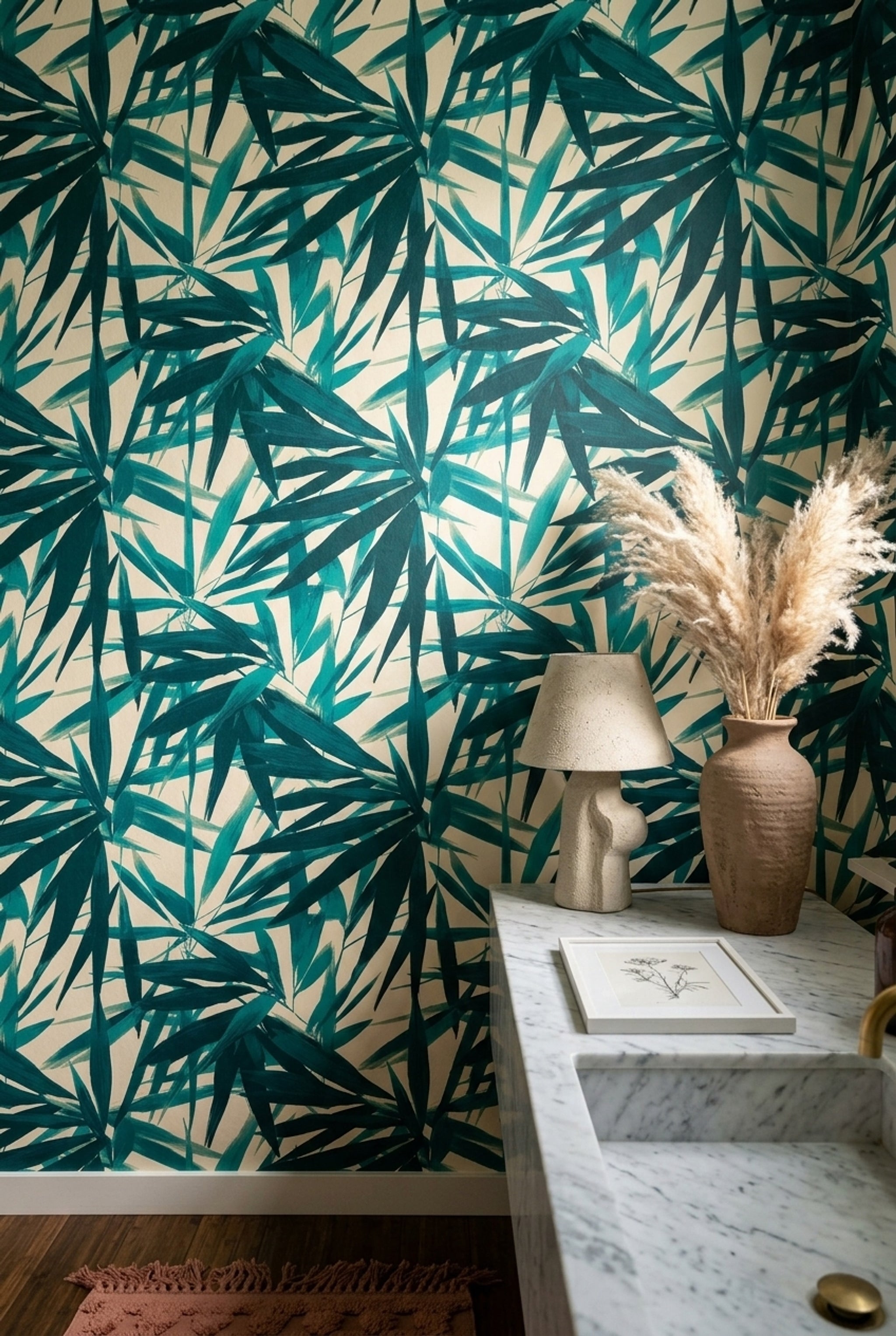 Tropical Leaves Wallpaper Bamboo Foliage Removable Teal Wall Double Roll