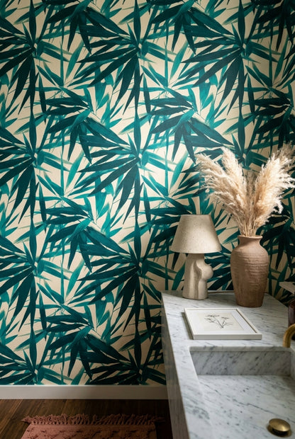 Tropical Leaves Wallpaper Bamboo Foliage Removable Teal Wall Double Roll
