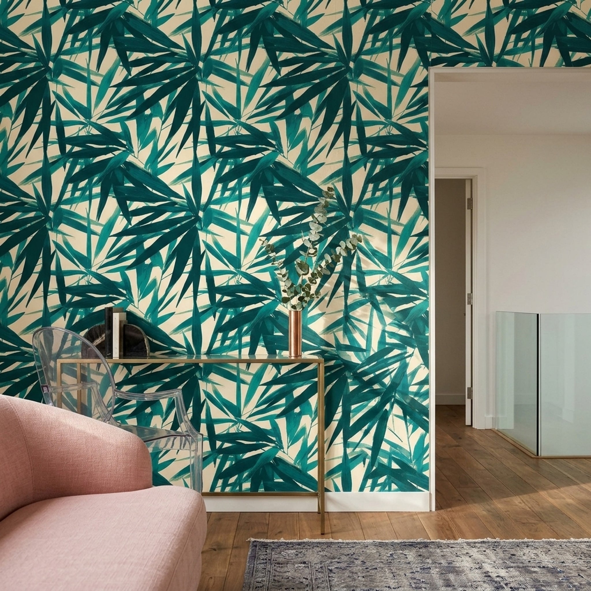 Tropical Leaves Wallpaper Bamboo Foliage Removable Teal Wall Double Roll