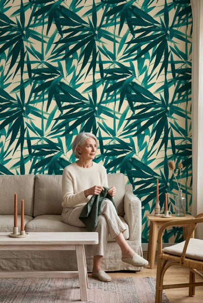 Tropical Leaves Wallpaper Bamboo Foliage Removable Teal Wall Double Roll