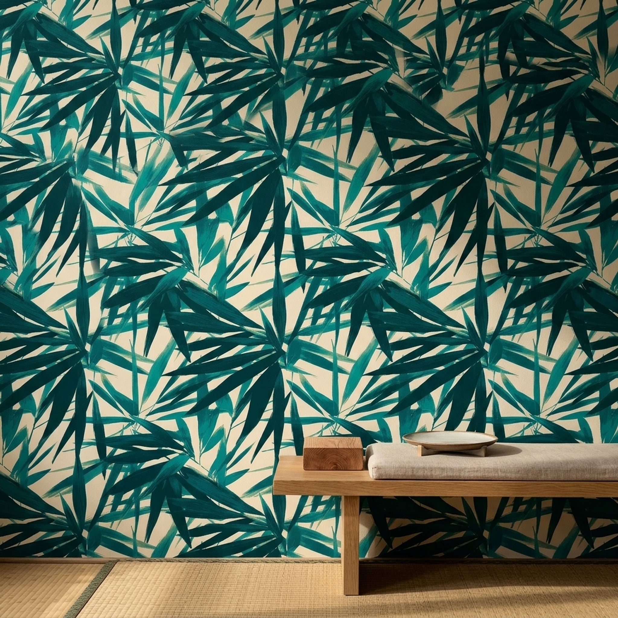 Tropical Leaves Wallpaper Bamboo Foliage Removable Teal Wall Double Roll