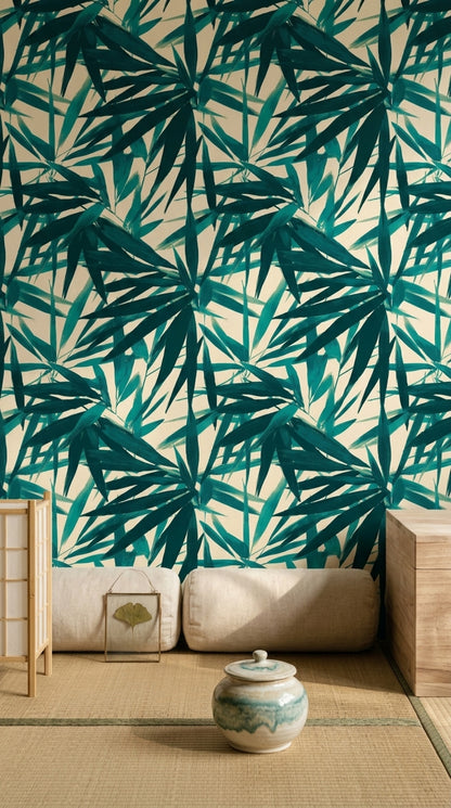 Tropical Leaves Wallpaper Bamboo Foliage Removable Teal Wall Double Roll