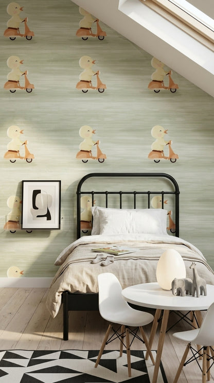 Cute Duck Wallpaper Scooter Removable Kids Illustration Wall Double Roll