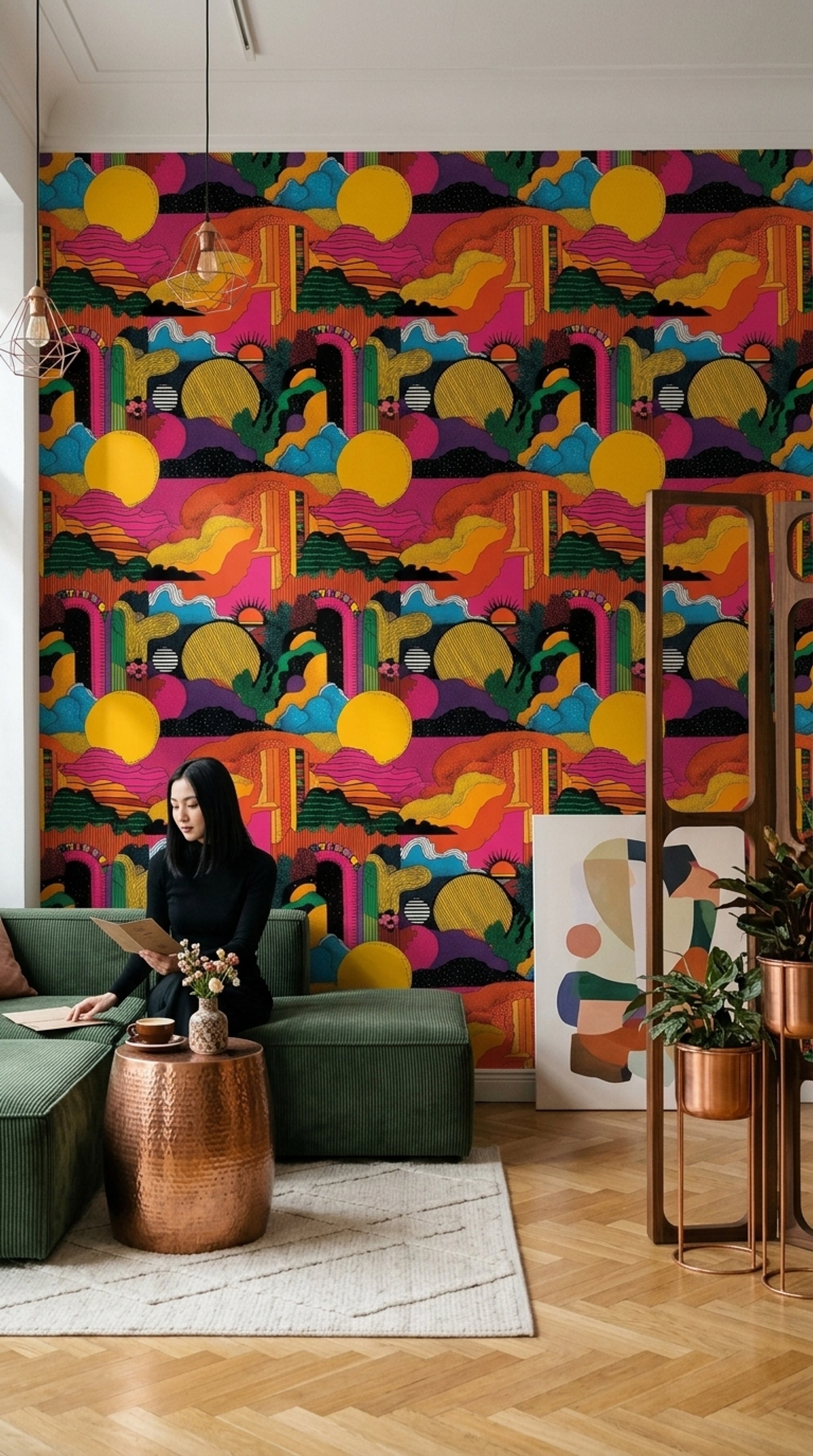 Abstract Landscape Wallpaper Yellow Sun Colorful Psychedelic Removable Wall Decor