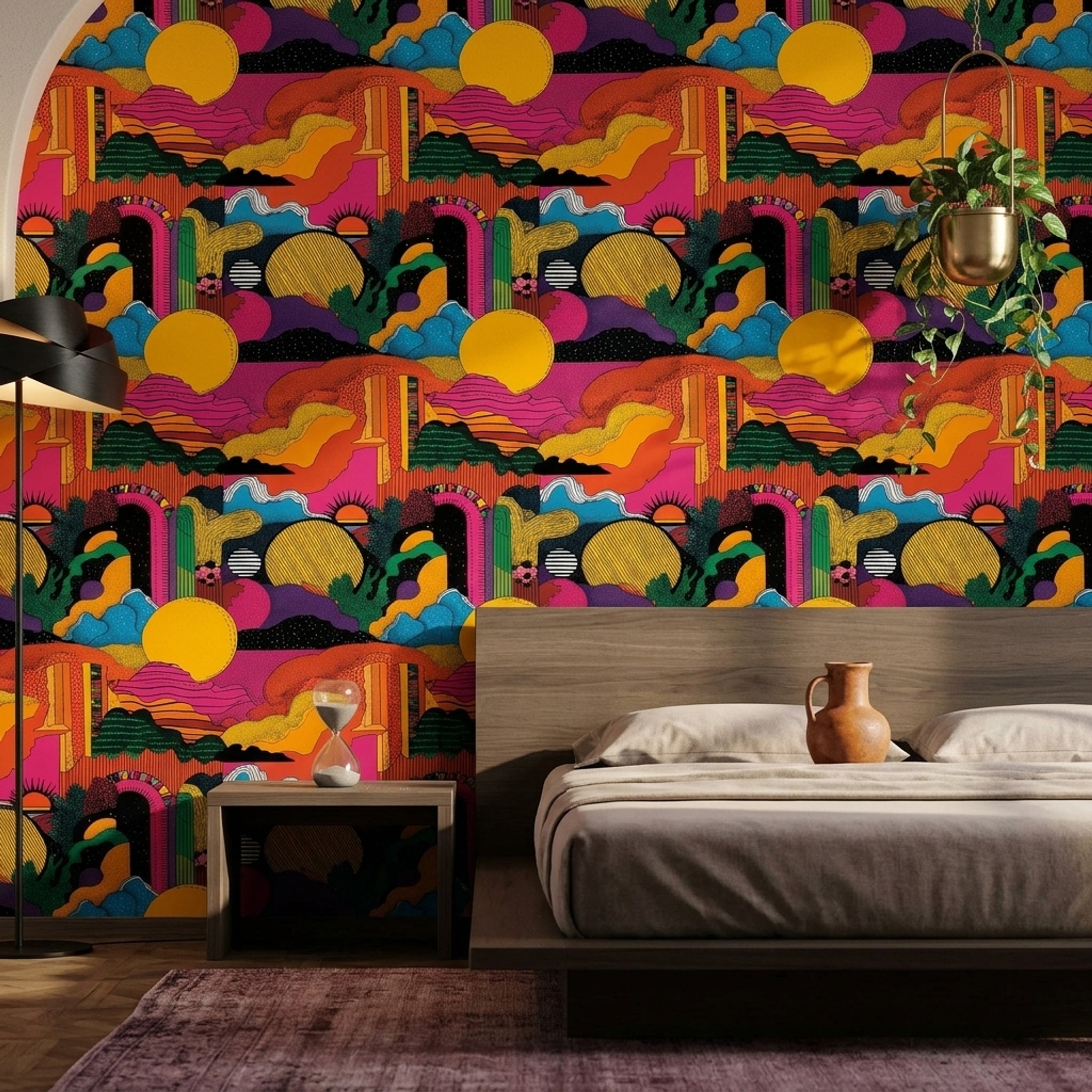 Abstract Landscape Wallpaper Yellow Sun Colorful Psychedelic Removable Wall Decor