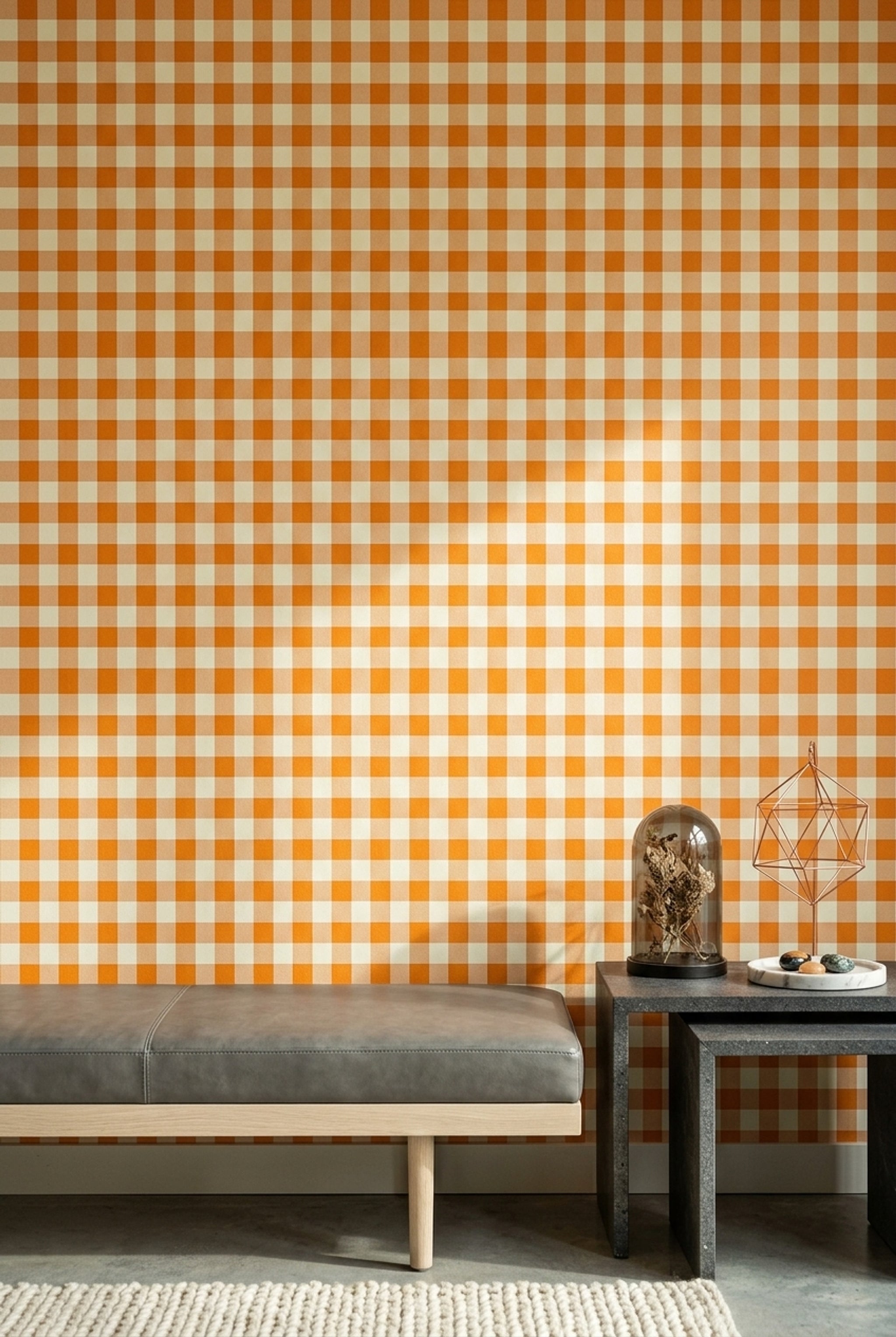 Orange Gingham Wallpaper Checkered Pattern Farmhouse Kitchen Removable Wall Decor