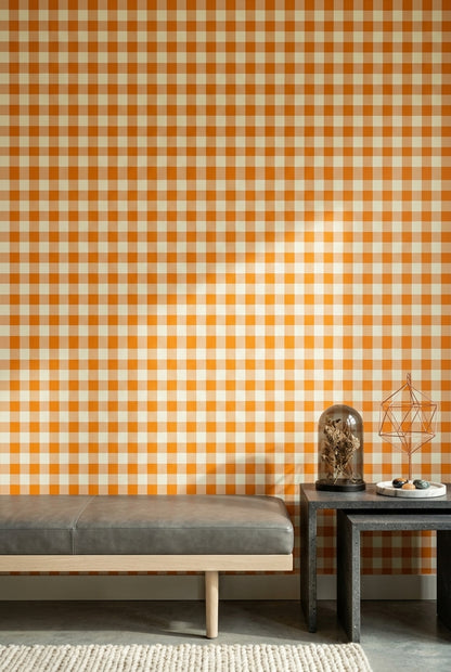 Orange Gingham Wallpaper Checkered Pattern Farmhouse Kitchen Removable Wall Decor
