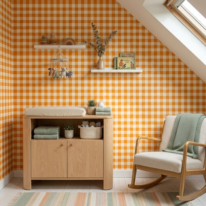 Orange Gingham Wallpaper Checkered Pattern Farmhouse Kitchen Removable Wall Decor
