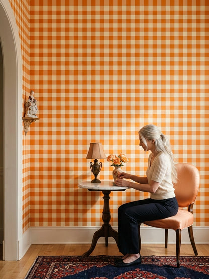 Orange Gingham Wallpaper Checkered Pattern Farmhouse Kitchen Removable Wall Decor