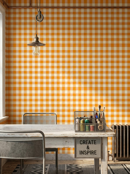 Orange Gingham Wallpaper Checkered Pattern Farmhouse Kitchen Removable Wall Decor