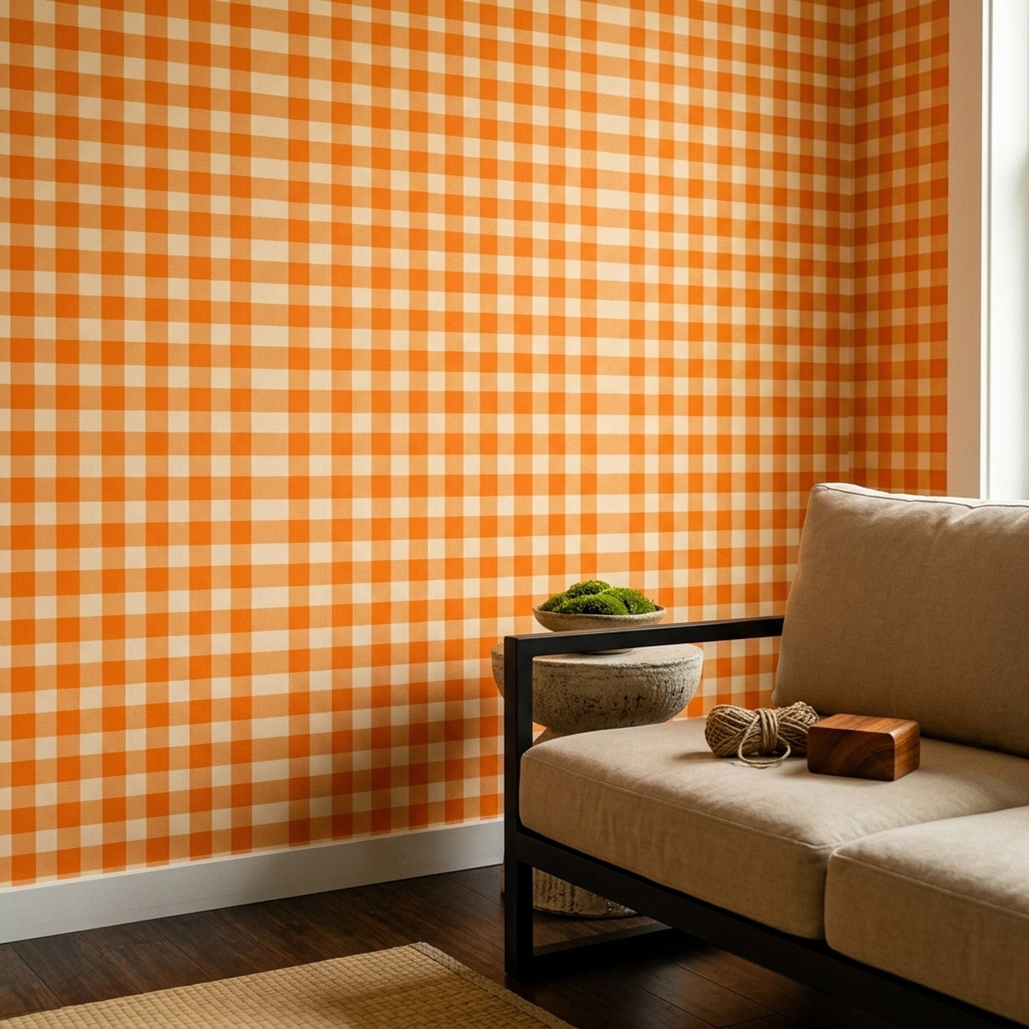 Orange Gingham Wallpaper Checkered Pattern Picnic Tablecloth Decorative Mural