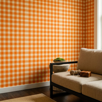 Orange Gingham Wallpaper Checkered Pattern Picnic Tablecloth Decorative Mural