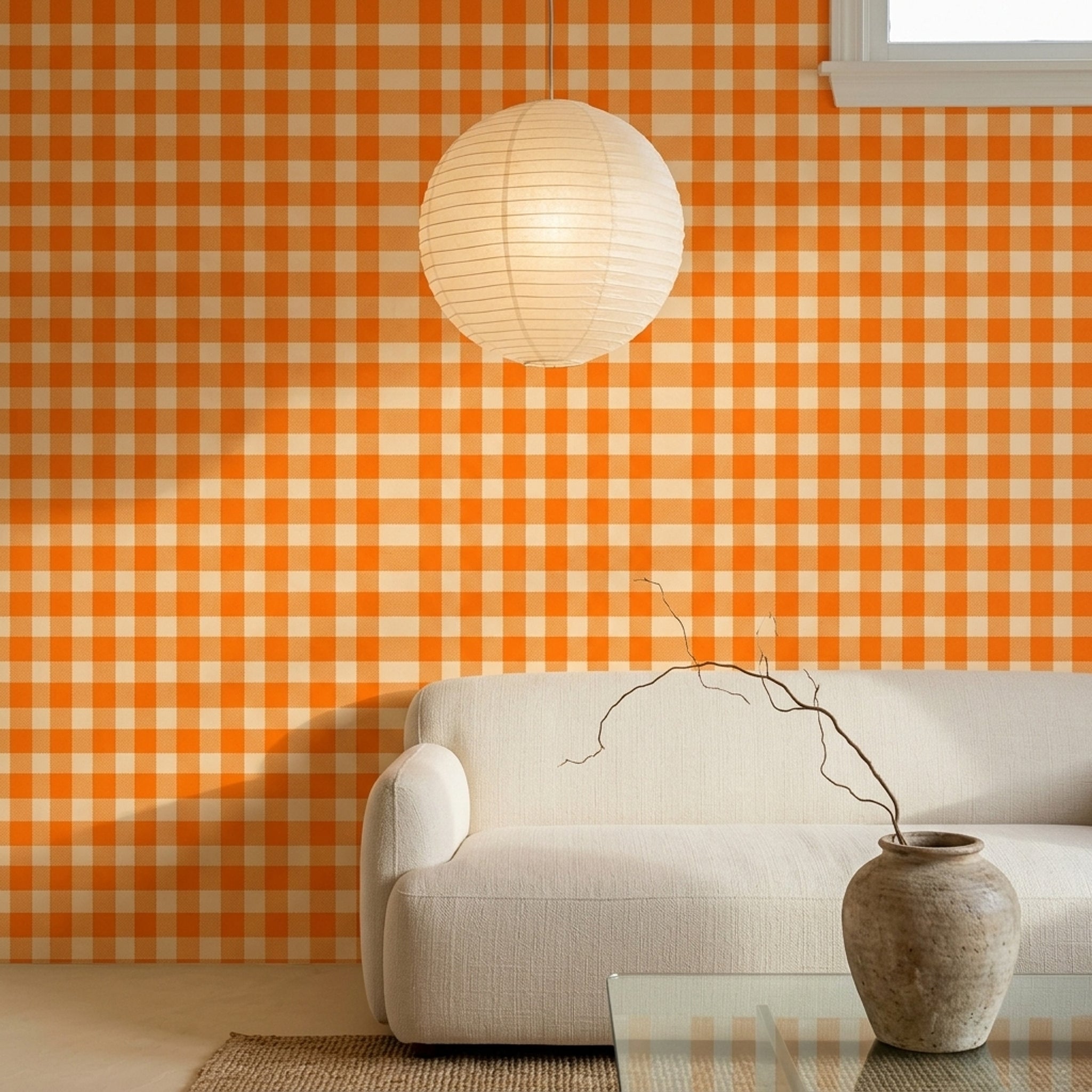 Orange Gingham Wallpaper Checkered Pattern Picnic Tablecloth Decorative Mural