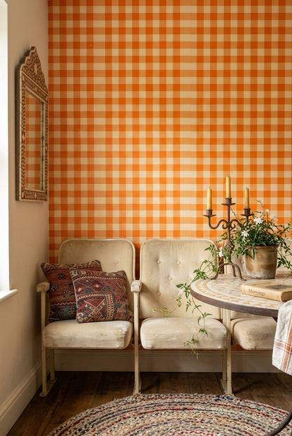Orange Gingham Wallpaper Checkered Pattern Picnic Tablecloth Decorative Mural