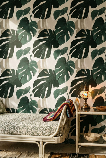 Bright Background Wallpaper Tropical Leaves Removable Botanical Wall Double Roll