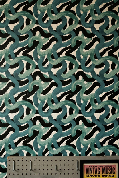 Teal Brushstrokes Wallpaper Black Wavy Stripes High Contrast Decorative Mural