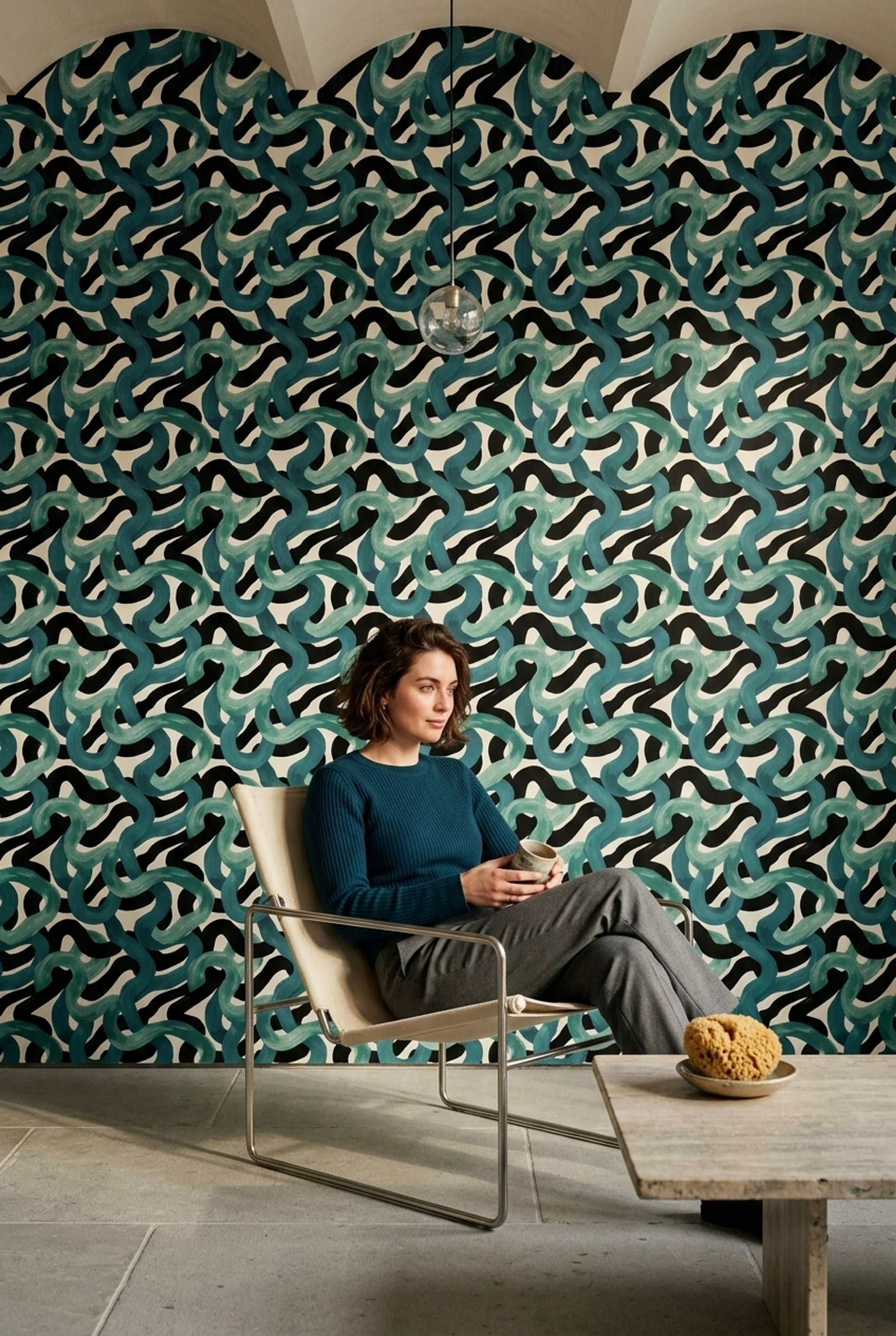 Teal Brushstrokes Wallpaper Black Wavy Stripes High Contrast Decorative Mural