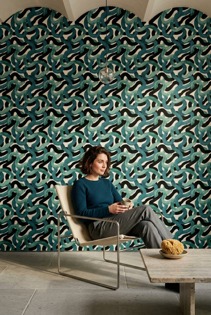 Teal Brushstrokes Wallpaper Black Wavy Stripes High Contrast Decorative Mural