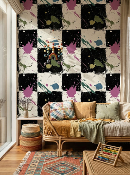 Dark Abstract Wallpaper Paint Splatter Geometric Blocks Decorative Mural