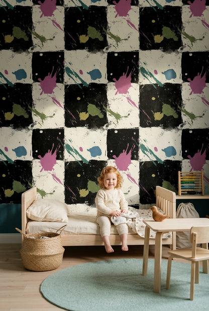 Dark Abstract Wallpaper Paint Splatter Geometric Blocks Decorative Mural