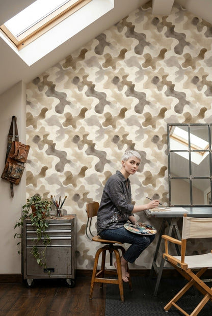 Abstract Camouflage Wallpaper Neutral Beige Removable Organic Blobs Wall Double Roll