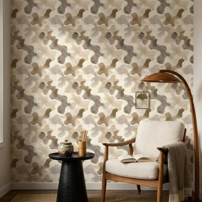 Abstract Camouflage Wallpaper Neutral Beige Removable Organic Blobs Wall Double Roll