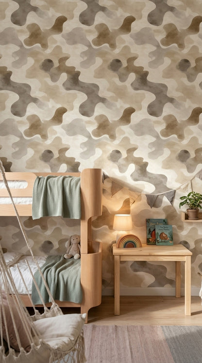 Abstract Camouflage Wallpaper Neutral Beige Removable Organic Blobs Wall Double Roll