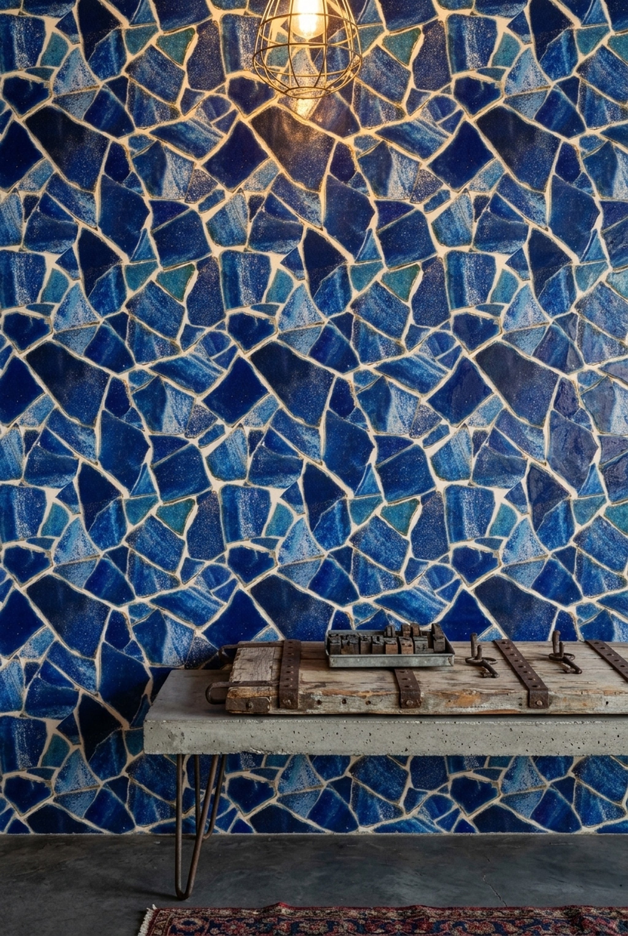 Broken Tile Wallpaper Dark Blue Removable Mosaic Wall Double Roll
