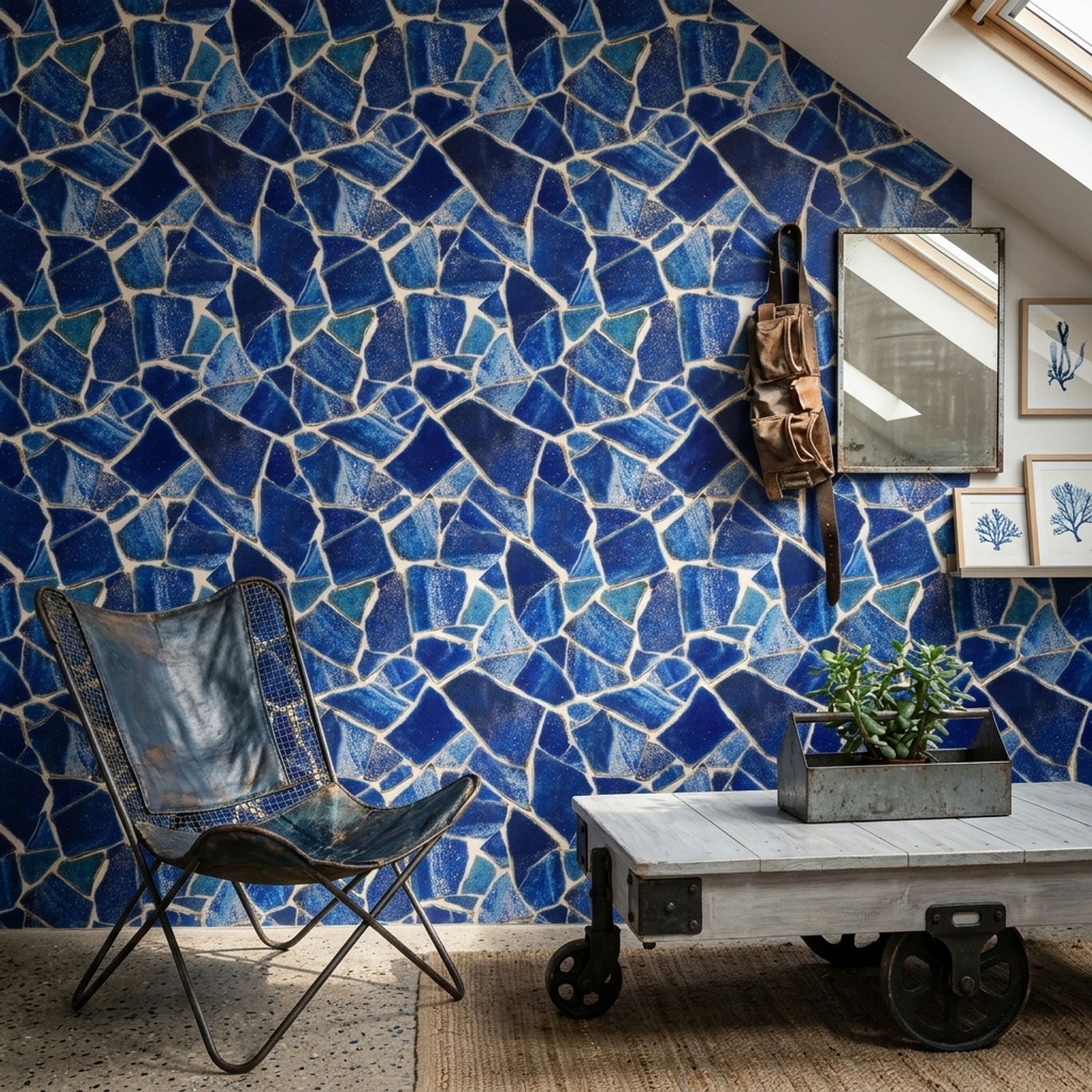 Broken Tile Wallpaper Dark Blue Removable Mosaic Wall Double Roll