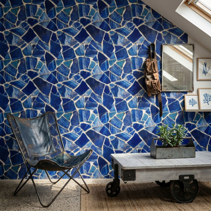 Broken Tile Wallpaper Dark Blue Removable Mosaic Wall Double Roll