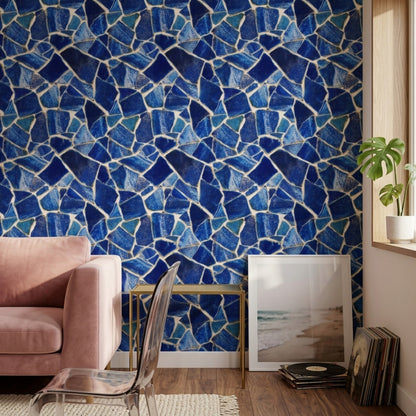 Broken Tile Wallpaper Dark Blue Removable Mosaic Wall Double Roll
