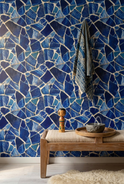 Broken Tile Wallpaper Dark Blue Removable Mosaic Wall Double Roll