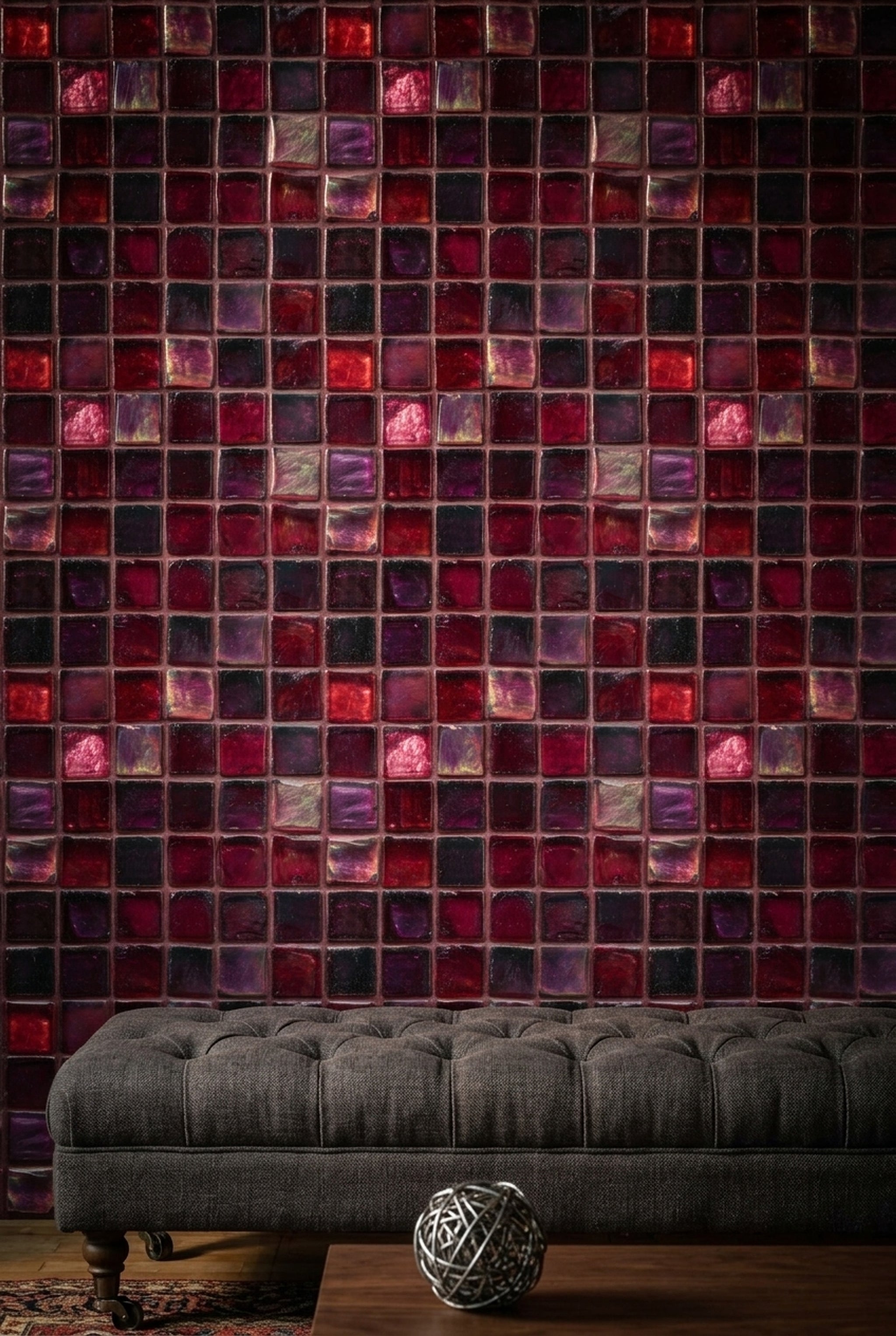 Red Glass Mosaic Wallpaper Square Tile Grid Geometric Pattern Decorative Mural