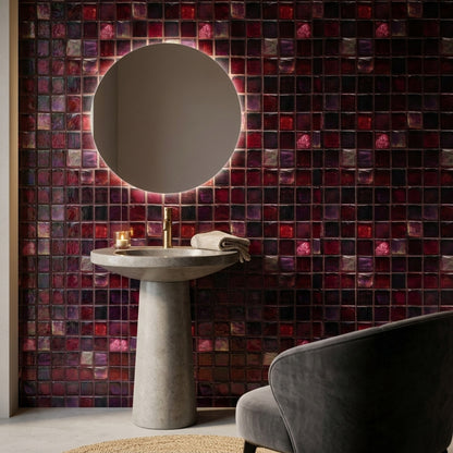 Red Glass Mosaic Wallpaper Square Tile Grid Geometric Pattern Decorative Mural