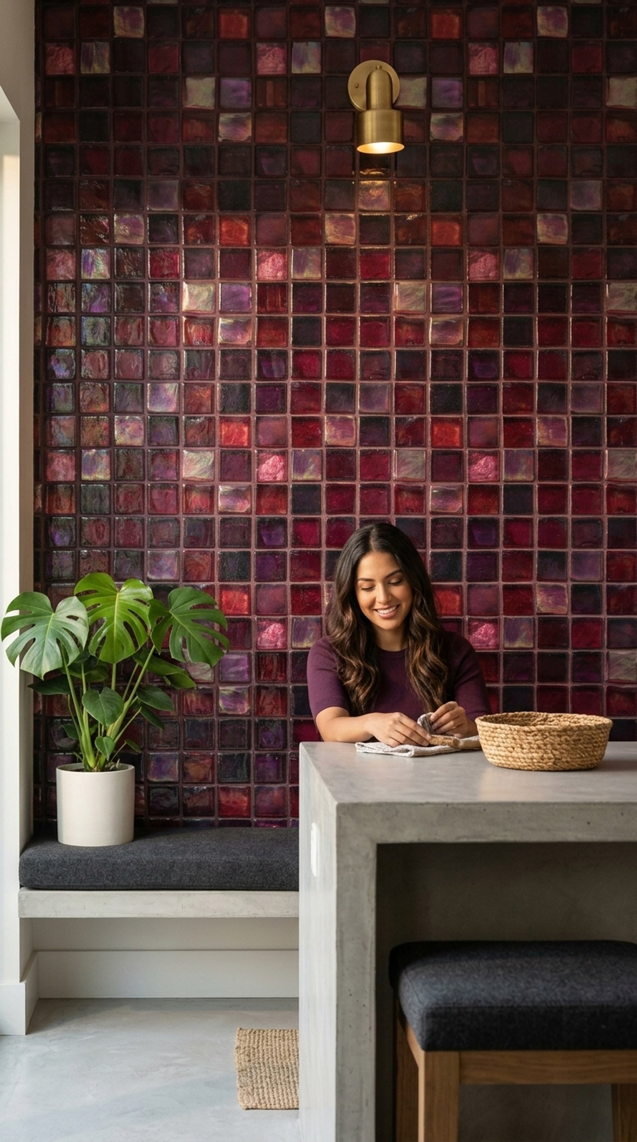 Red Glass Mosaic Wallpaper Square Tile Grid Geometric Pattern Decorative Mural