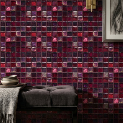 Red Glass Mosaic Wallpaper Square Tile Grid Geometric Pattern Decorative Mural
