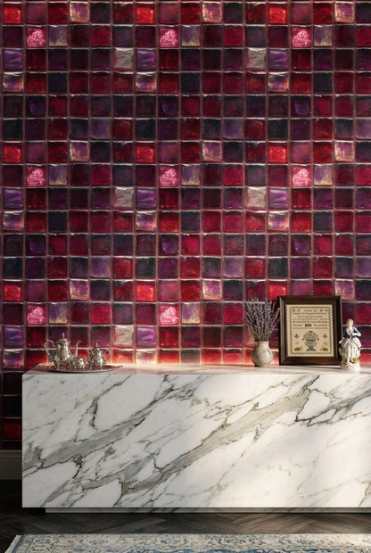 Red Glass Mosaic Wallpaper Square Tile Grid Geometric Pattern Decorative Mural