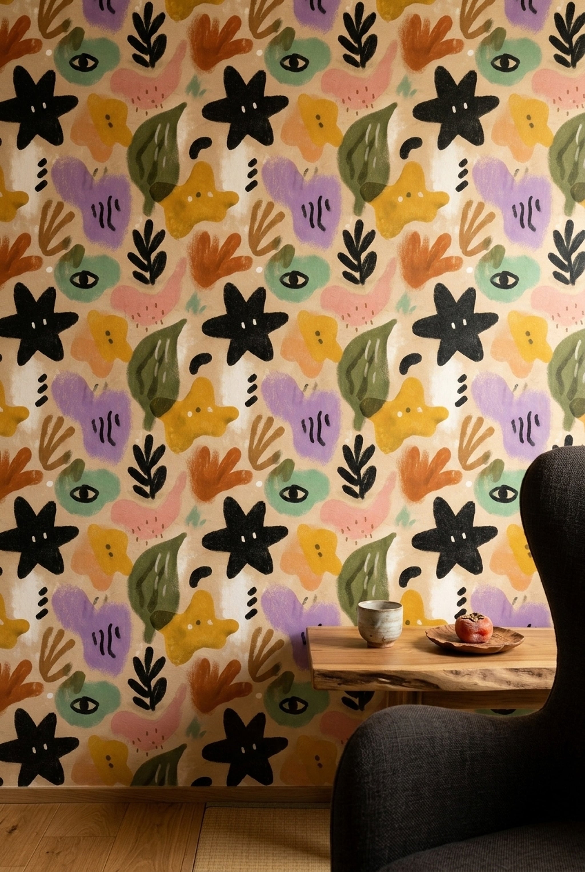 Abstract Botanical Wallpaper Hand Painted Beige Background Removable Wall Decor