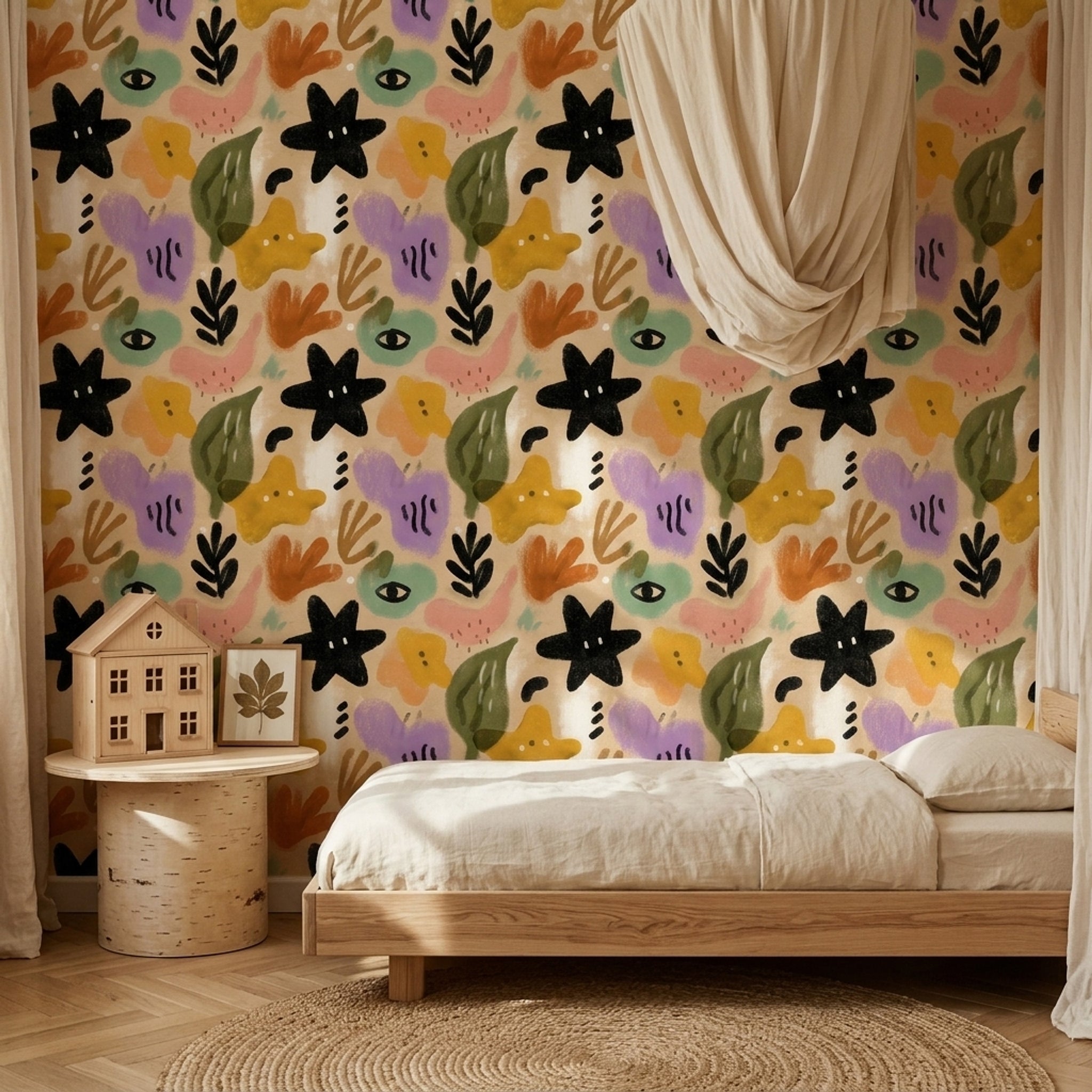 Abstract Botanical Wallpaper Hand Painted Beige Background Removable Wall Decor