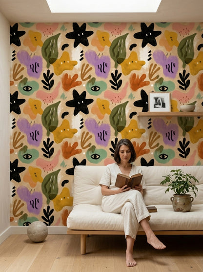 Abstract Botanical Wallpaper Hand Painted Beige Background Removable Wall Decor