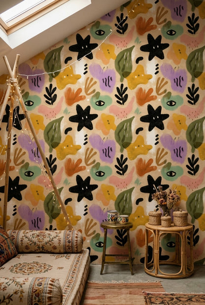 Abstract Botanical Wallpaper Hand Painted Beige Background Removable Wall Decor