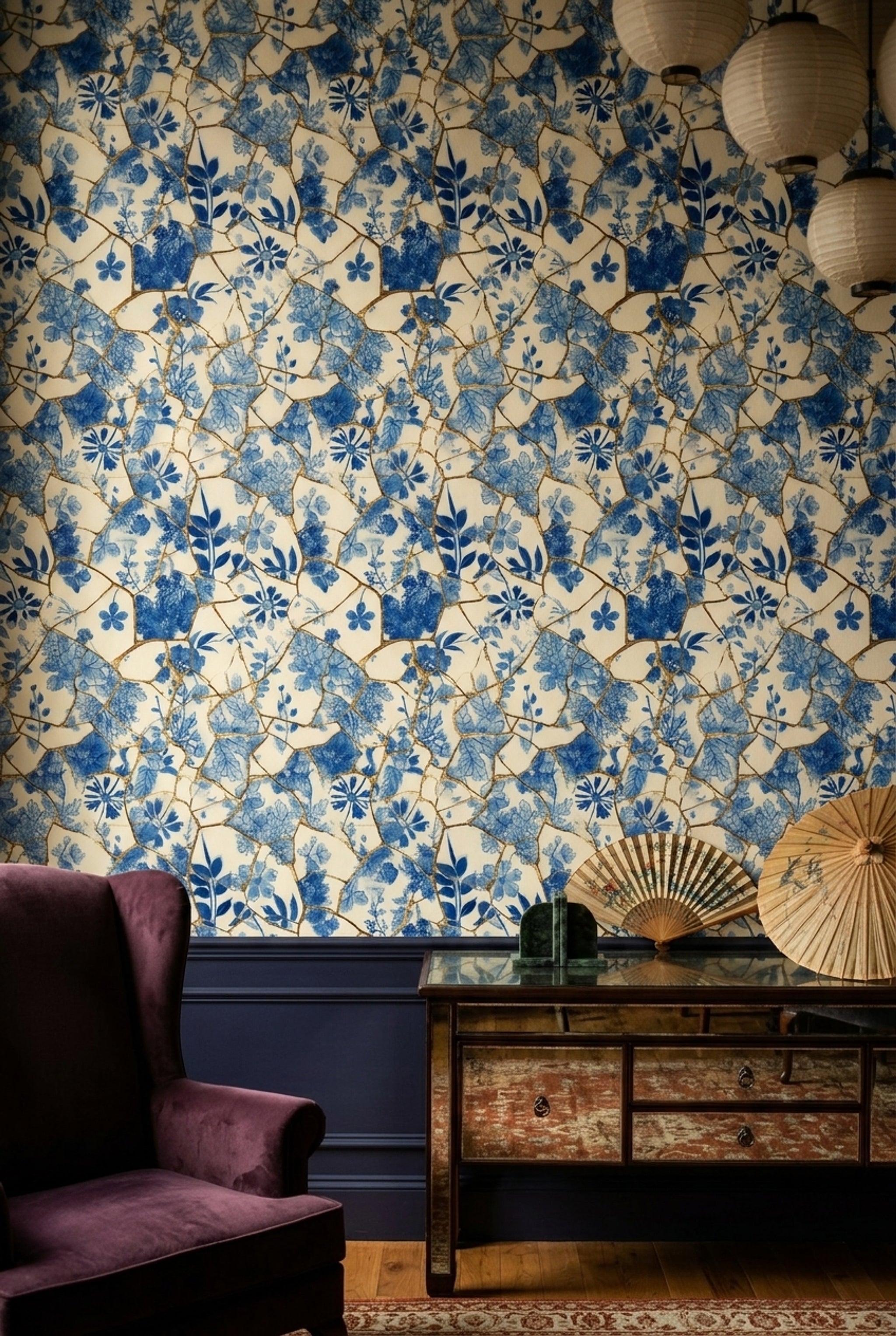 White Background Wallpaper Floral Removable Kintsugi Wall Double Roll