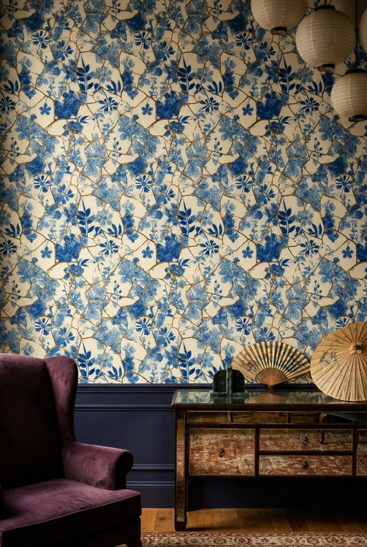 White Background Wallpaper Floral Removable Kintsugi Wall Double Roll